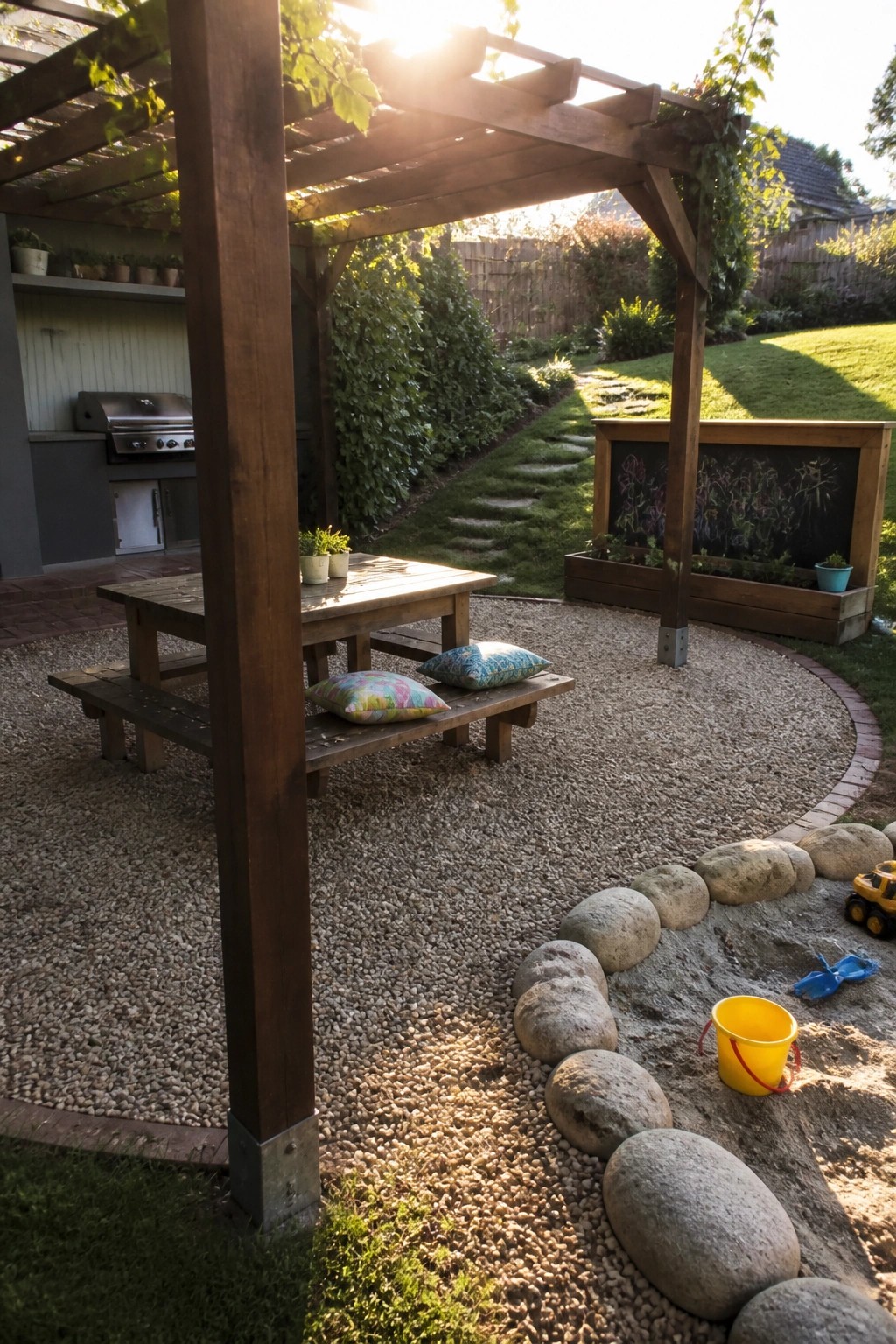 A backyard patio with a wooden pergola over a picnic table on pea gravel, bordered by large rocks and a sand play area.