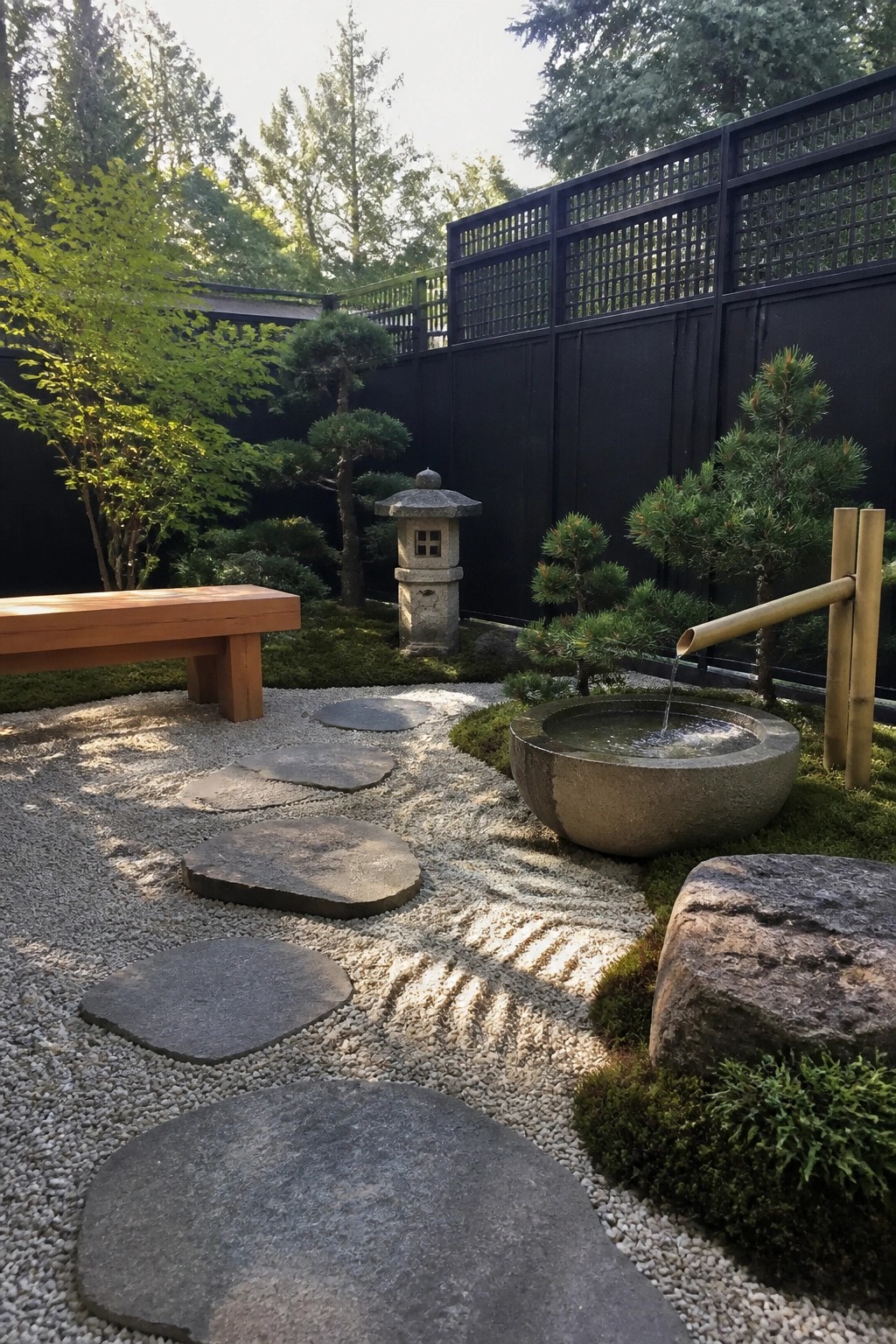 A backyard garden features pea gravel paths lined with large stepping stones, a stone lantern, a water basin fed by a bamboo spout, and a wooden bench.