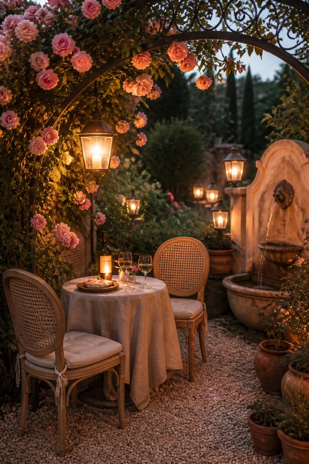 A round table set with wine and glasses on pea gravel under a rose-covered metal arch, with two cane chairs, lanterns, and a stone fountain nearby.