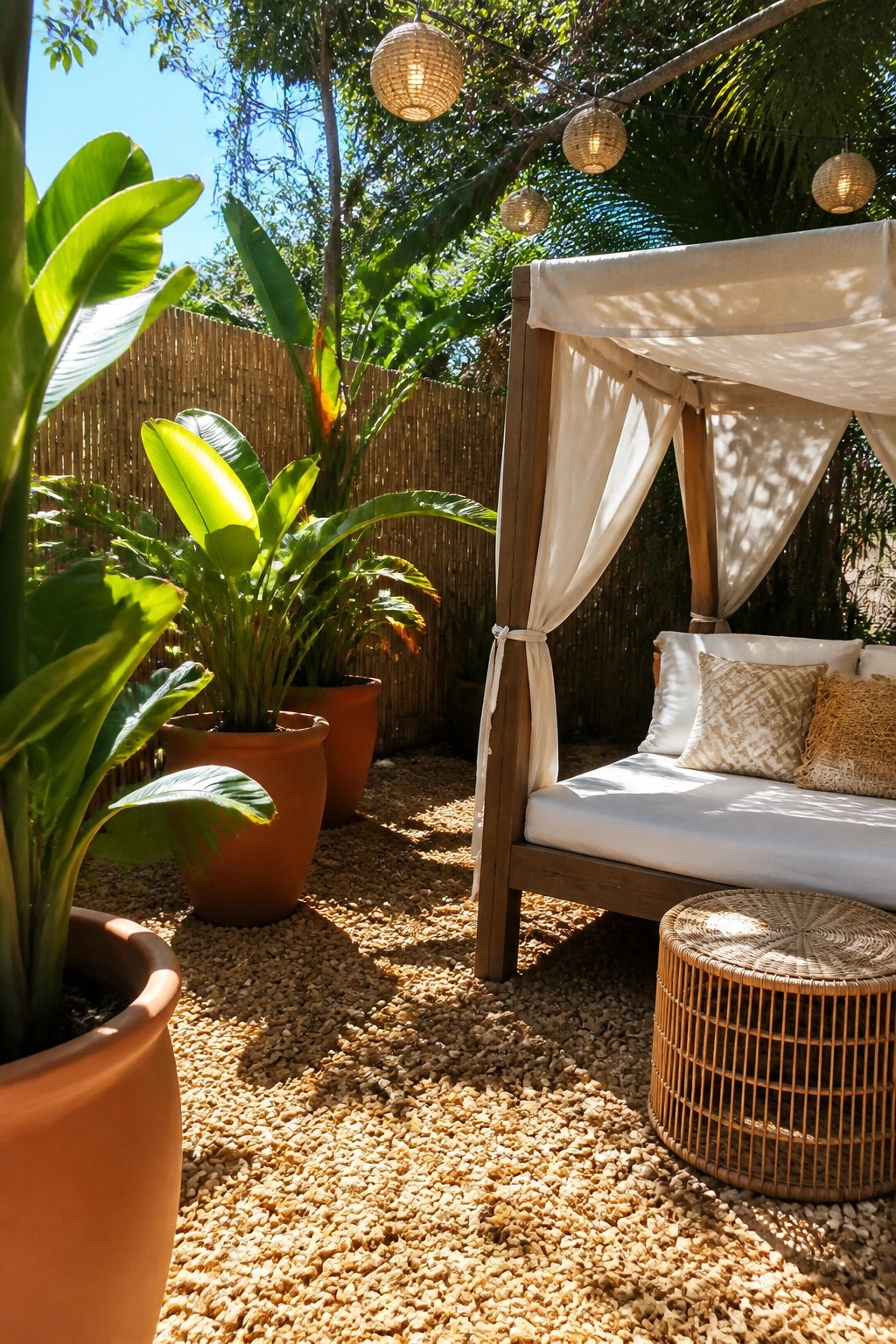 An outdoor seating area features a wooden daybed with white canopy and pillows on a pea gravel surface, bordered by large potted plants and a bamboo fence.