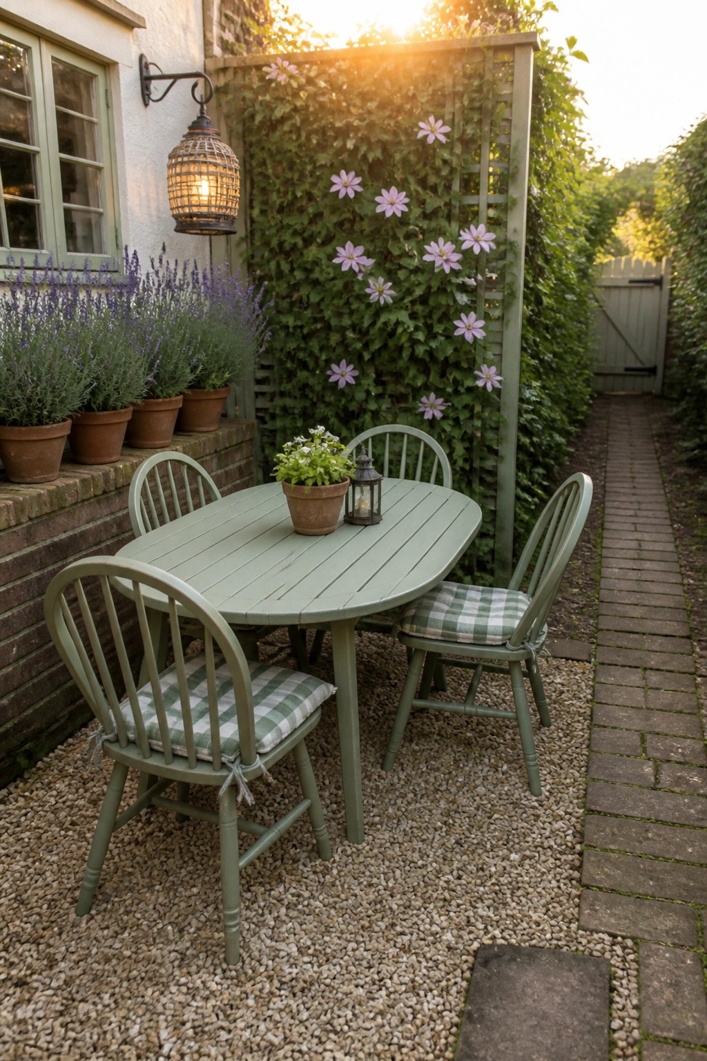 A sage green oval patio table with four matching chairs sits on pea gravel beside a vine-covered trellis and potted lavender.