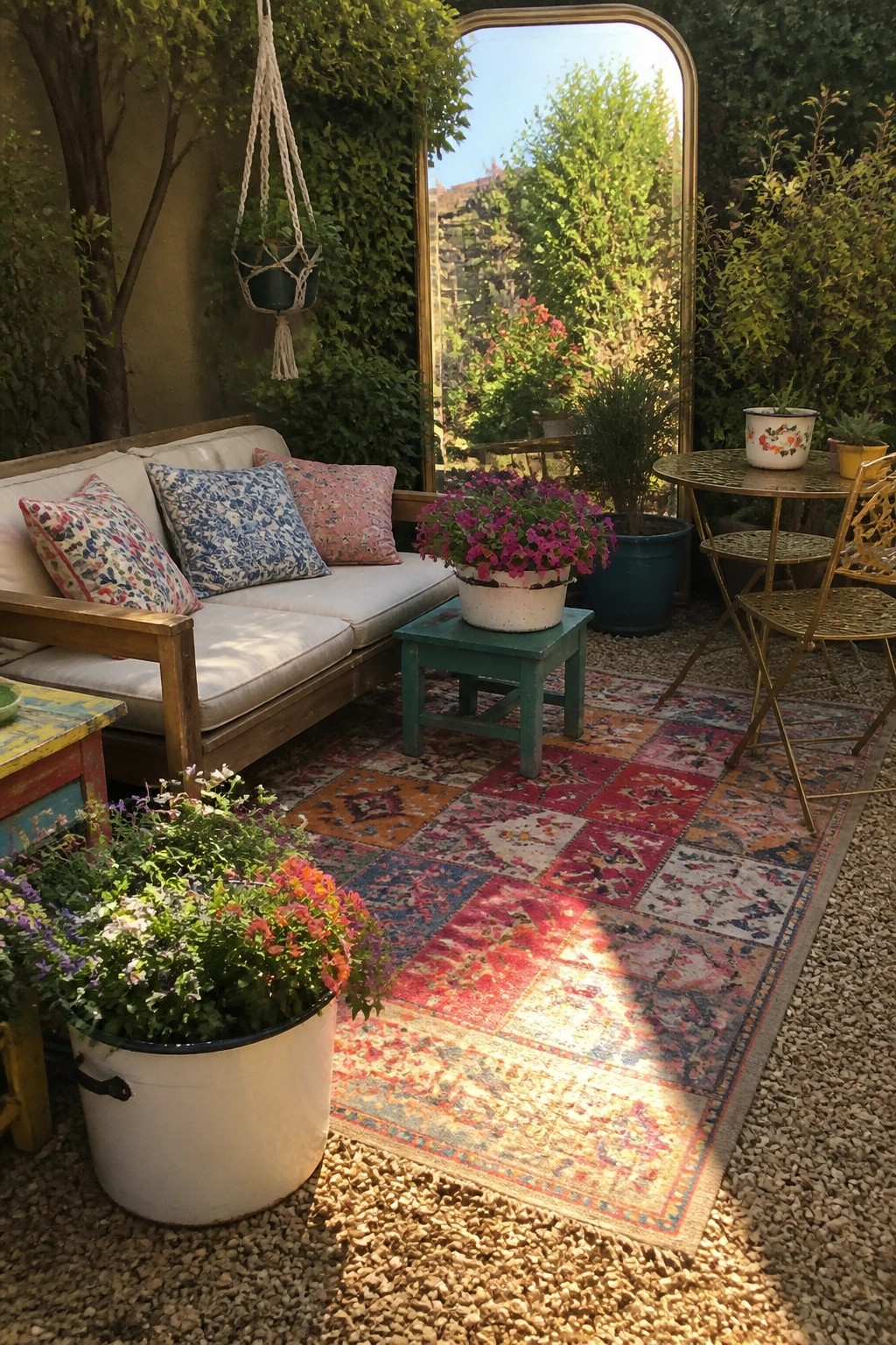 Outdoor patio with pea gravel surface, large patterned rug, wooden sofa with cushions, potted plants, and metal bistro set.