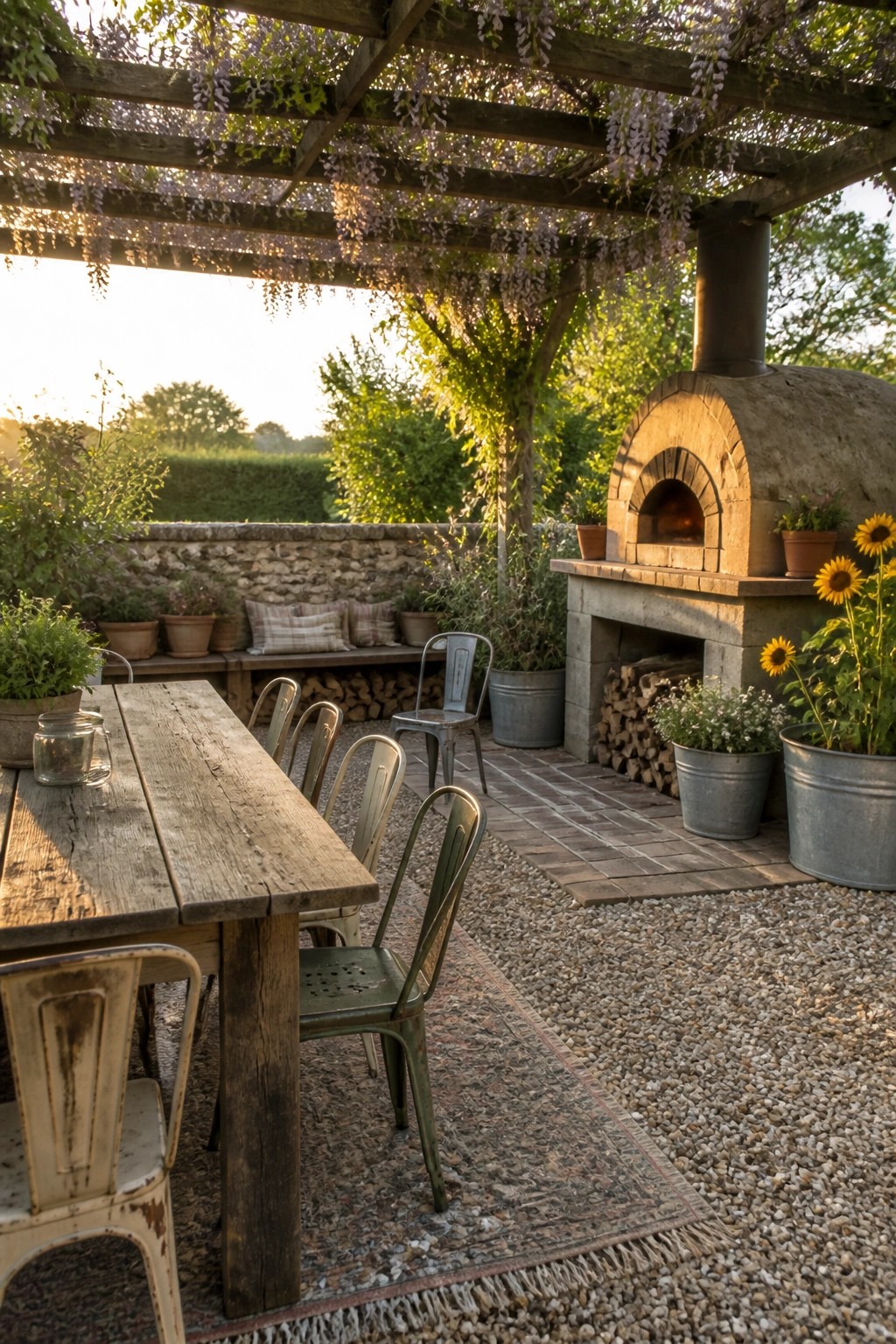 An outdoor patio scene showing a wooden dining table and metal chairs on a patterned rug over pea gravel, with a brick pizza oven and wooden pergola nearby.