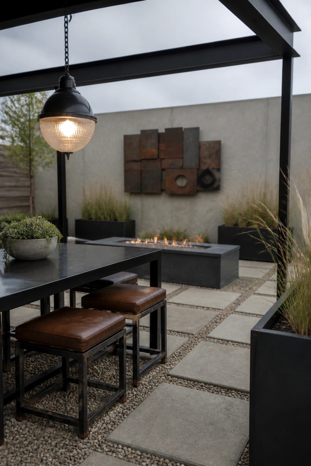 Modern patio with black dining table, leather stools, fire pit, and hanging light.