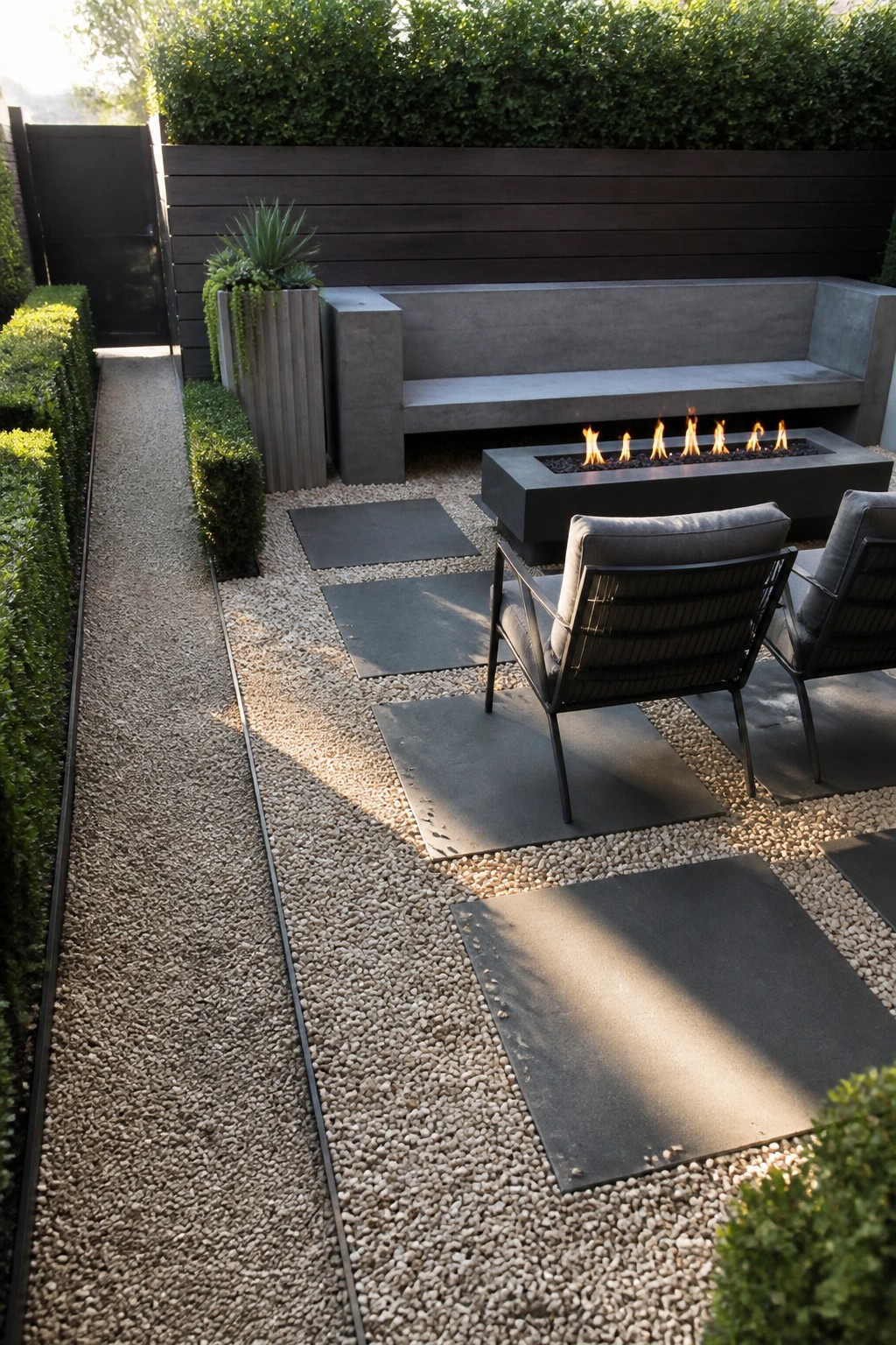Backyard patio with pea gravel, dark square stepping stones, two modern chairs, a rectangular fire pit, and a concrete bench against a dark wood wall.