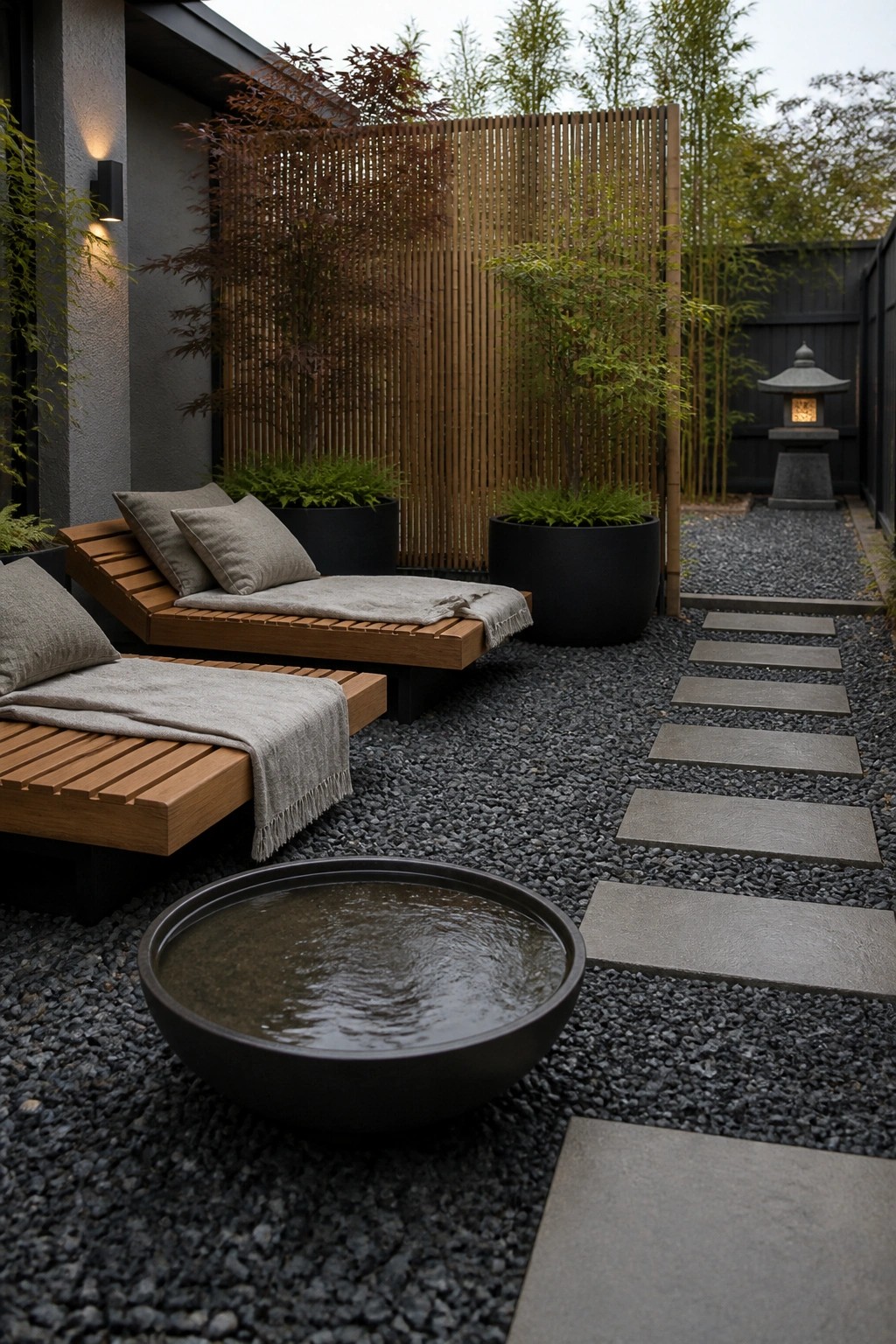 Two wooden lounge chairs with gray cushions sit on dark pea gravel next to a stone paver path, with black planters, a round water bowl, and a wooden screen in the background.