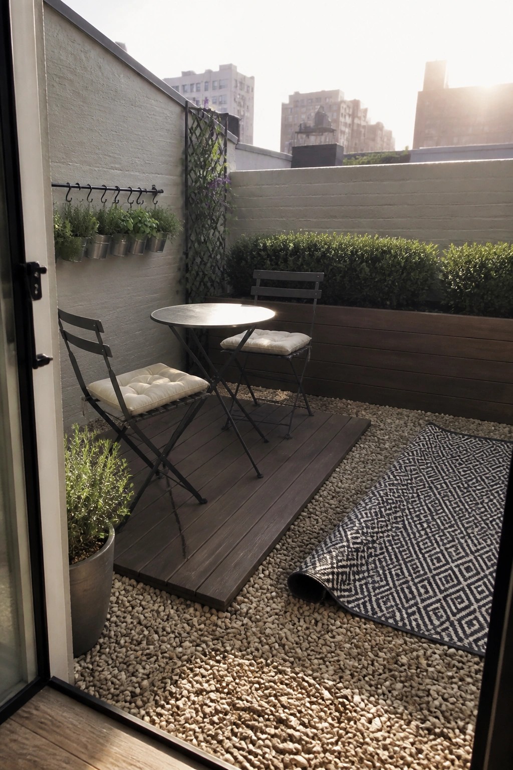 A compact urban patio with a round metal table and two folding chairs on a dark wood platform set into light pea gravel, surrounded by potted plants and a rolled patterned rug.