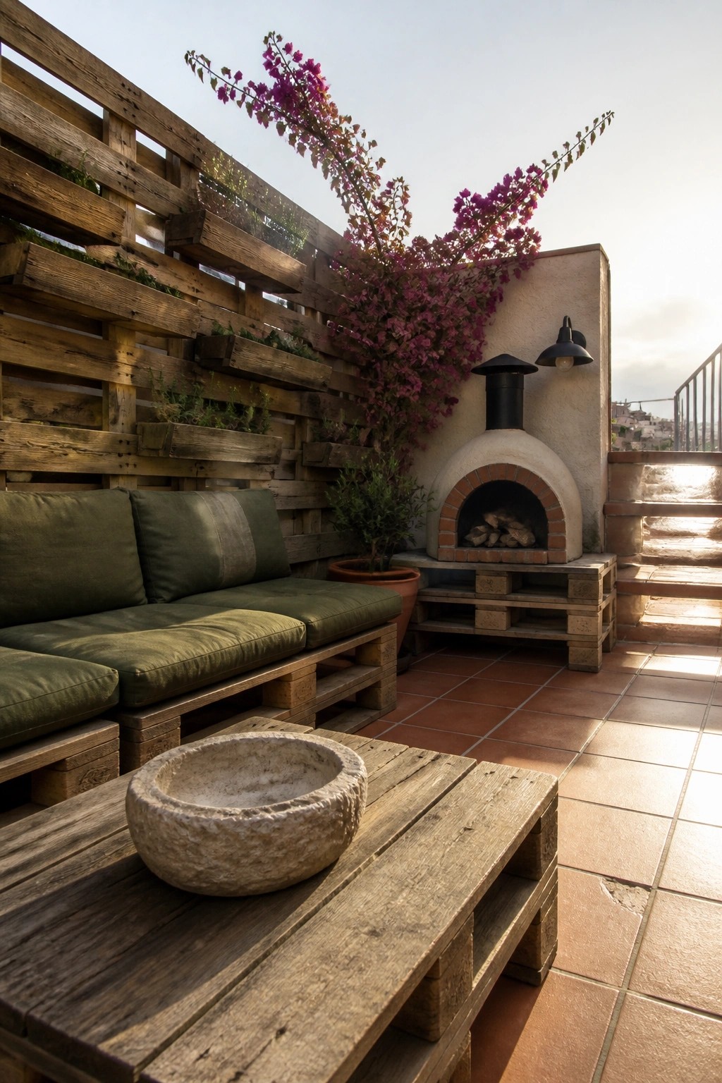 A small patio with a tall wooden pallet wall holding multiple planters, green cushioned pallet seating, a low pallet table, and an outdoor pizza oven on the right.