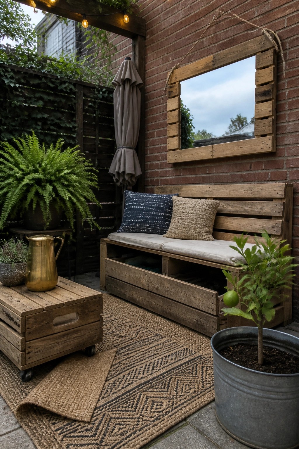 Rustic pallet bench with cushions on woven rugs beside potted plants and brick wall mirror.