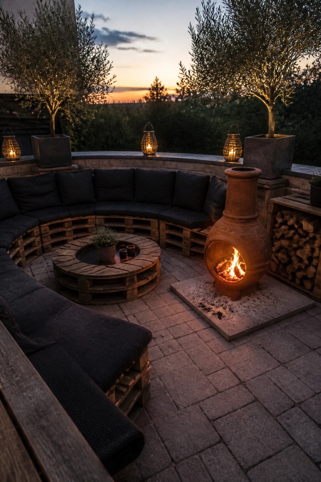 A circular pallet bench with dark cushions surrounds a central wooden table on a paved patio, next to a lit clay chiminea with stacked firewood nearby.