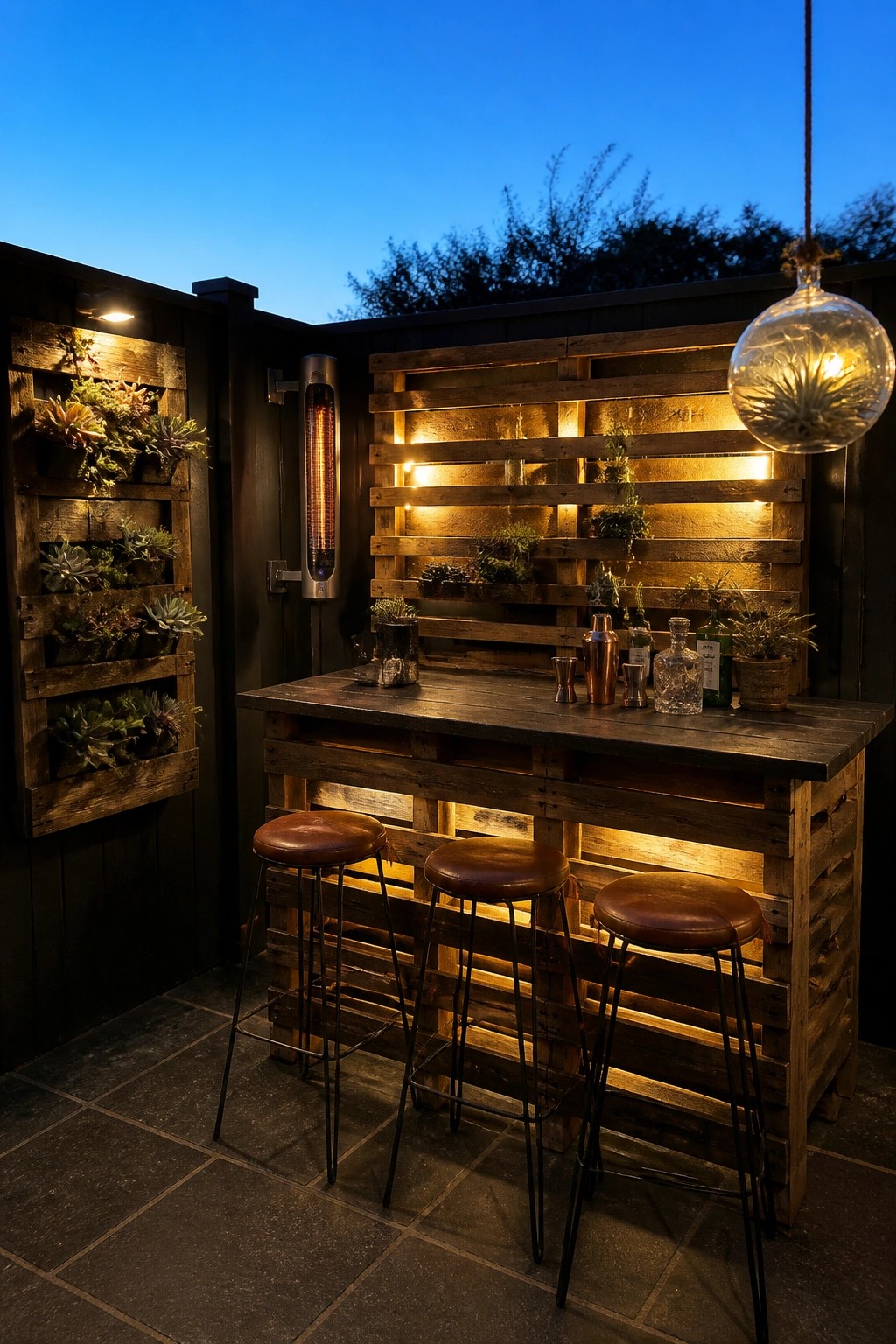 Wooden pallet bar with three bar stools on a paved patio at dusk, lit by string lights and a hanging glass fixture.