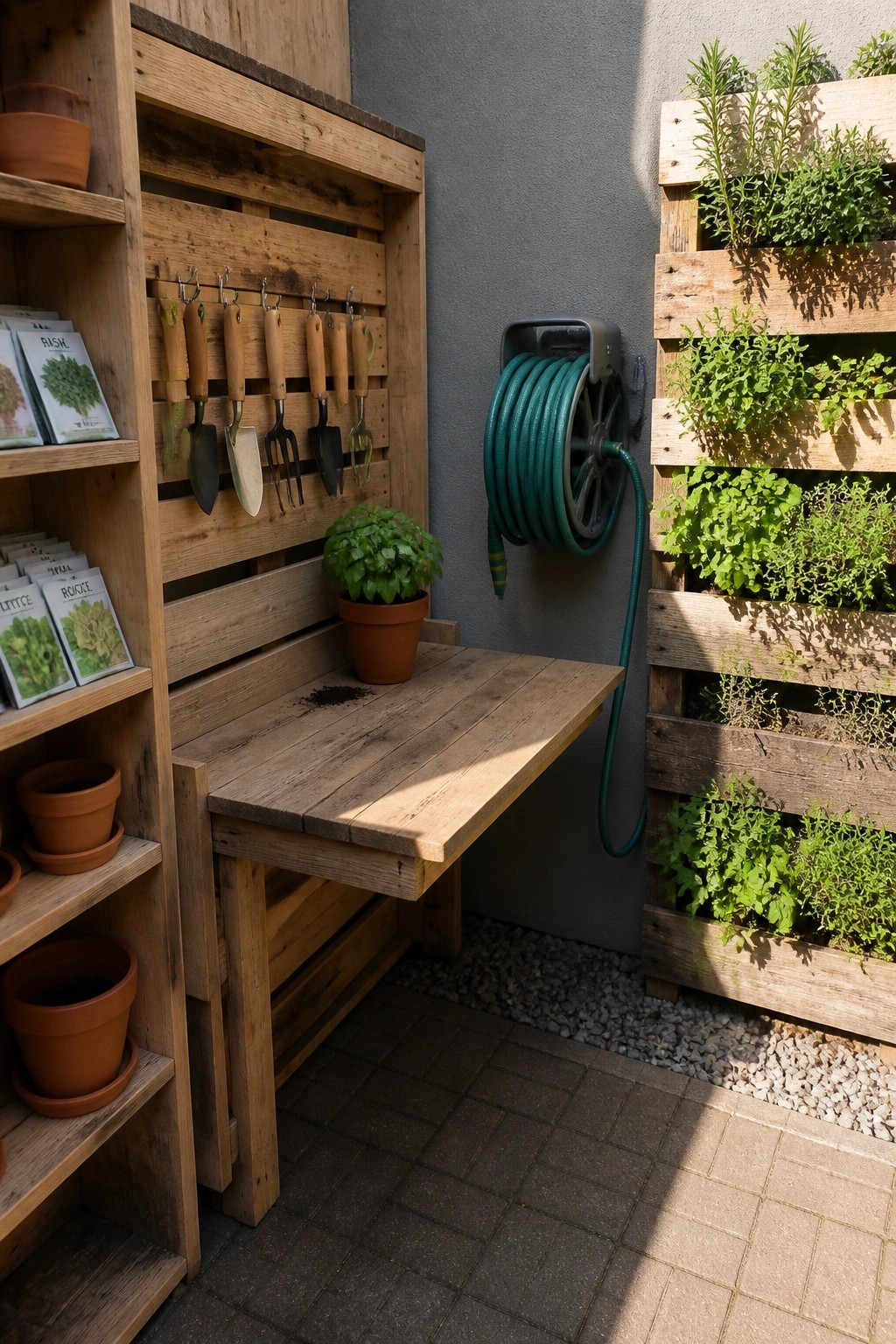 Wooden pallet potting bench with hanging hand tools, a work surface holding a potted plant, side shelves with terracotta pots and seed packets, and a vertical pallet planter on a paved patio next to a coiled hose.