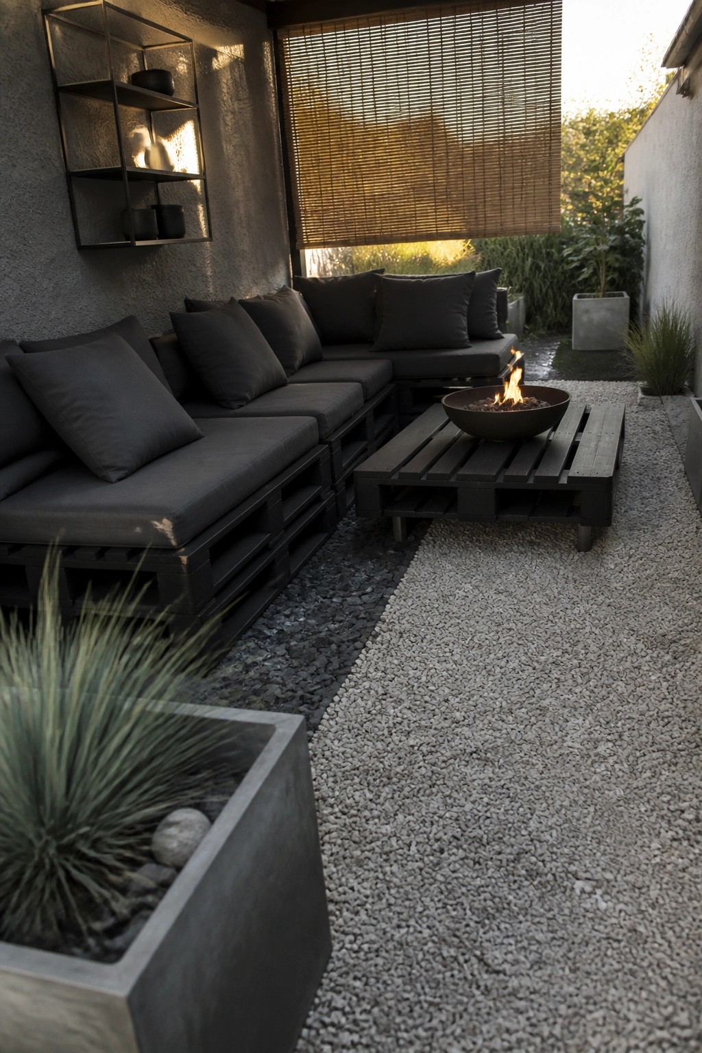 Dark wooden pallet sectional with gray cushions arranged around a fire pit on a gravel patio.