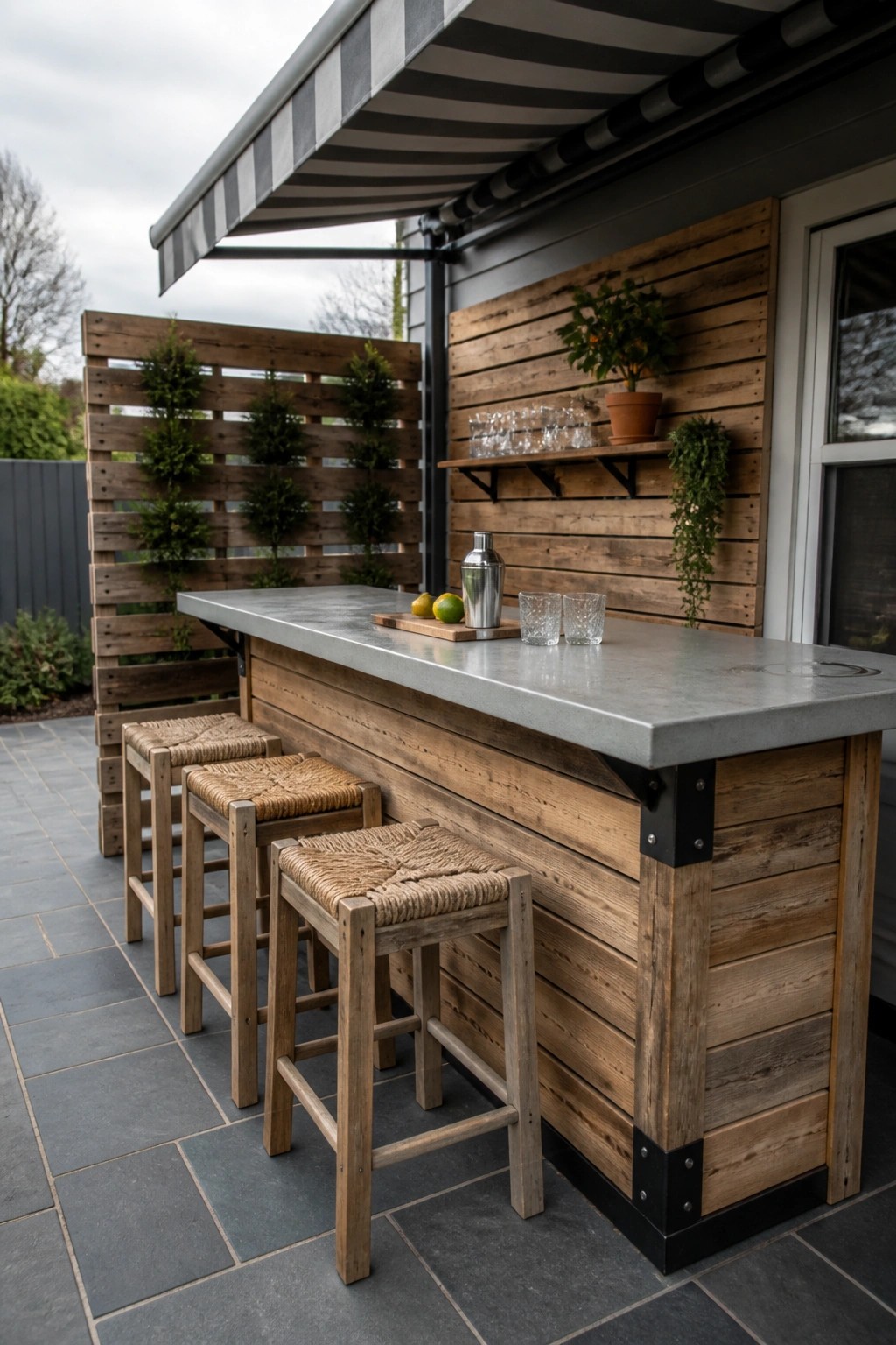Wooden pallet bar with concrete top, woven seat stools, and shelves holding glasses on a paved patio.