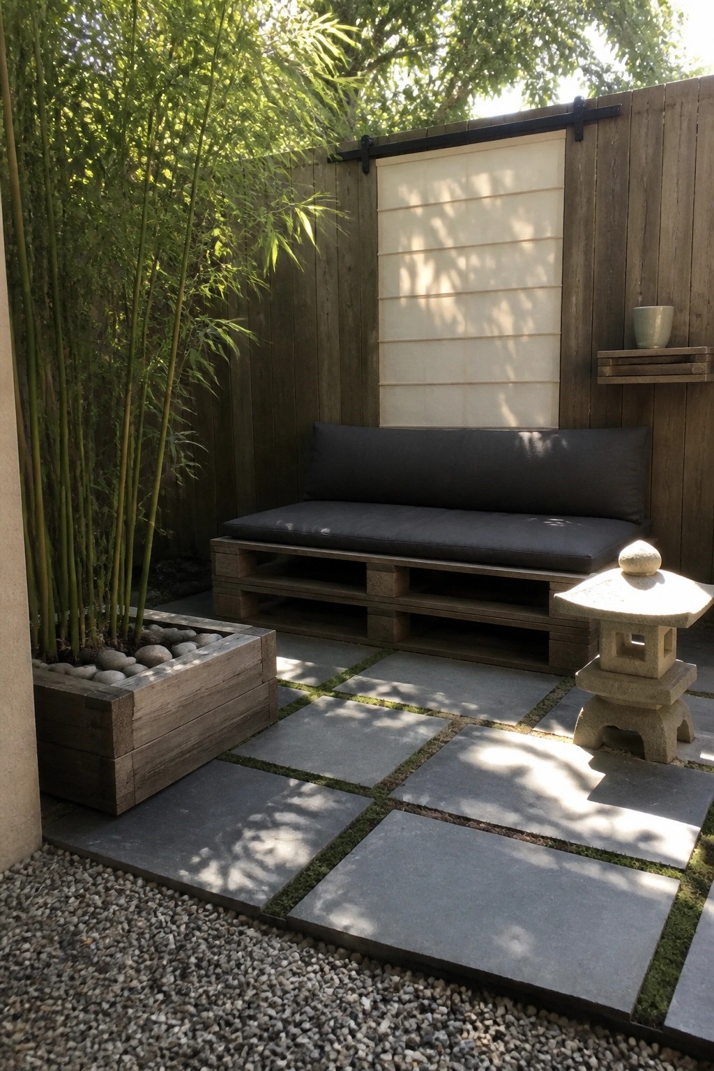 A low sofa made from stacked wooden pallets with dark cushions sits on a stone paver patio next to a bamboo planter and stone lantern.