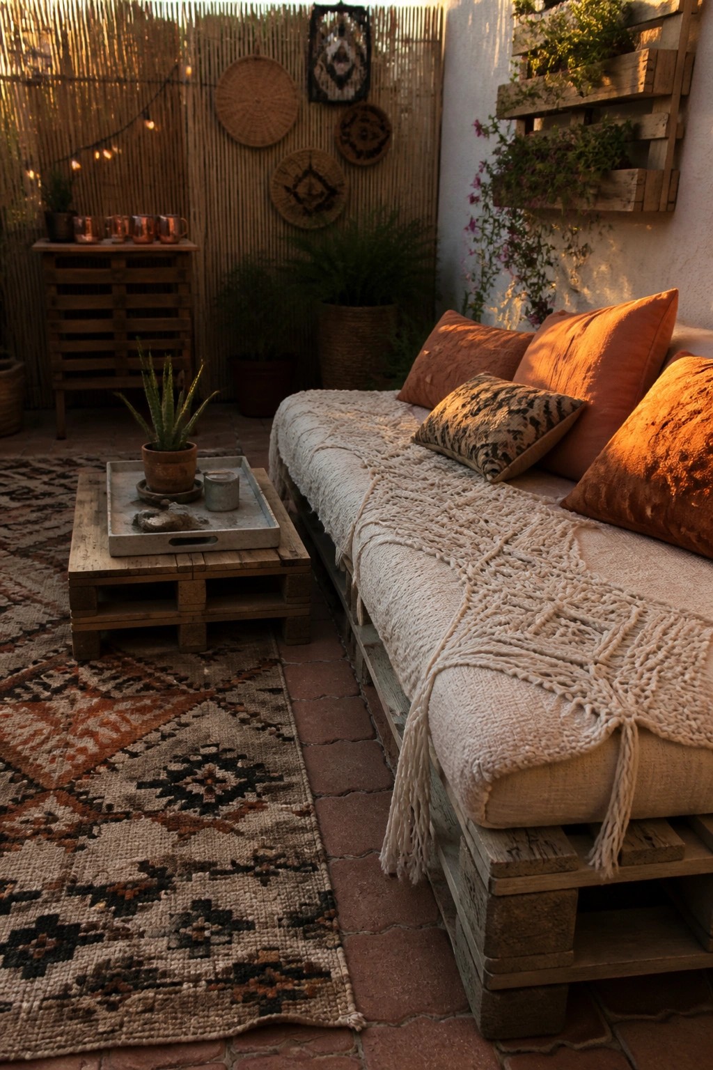 A low daybed built from wooden pallets holds cushions and a knit throw on a brick patio beside a small pallet table and patterned rug.
