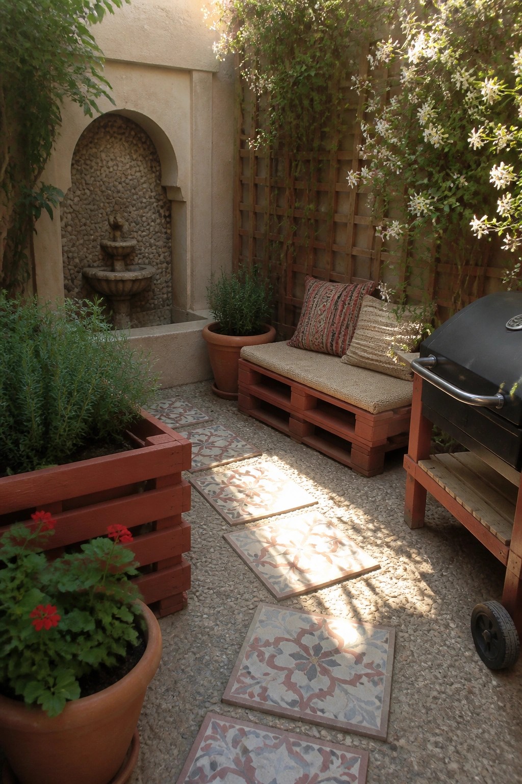 A small patio with a wooden pallet bench topped with cushions, a black grill nearby, potted plants, a stone fountain, and patterned stepping stones on gravel.