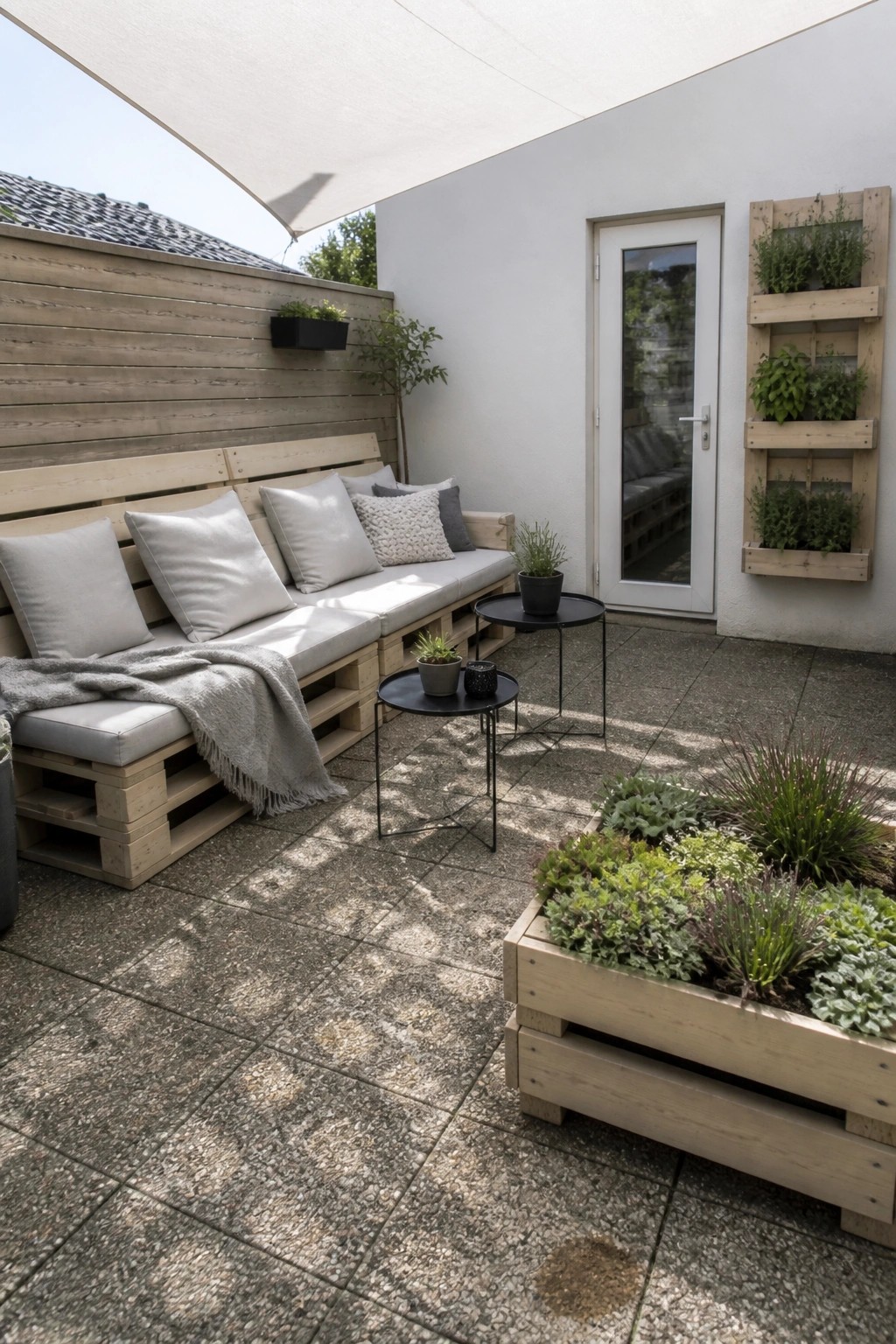 A small patio features a pallet wood bench with gray cushions, two black round side tables, a large wooden planter box in the foreground, and three vertical pallet planters mounted on a white wall.