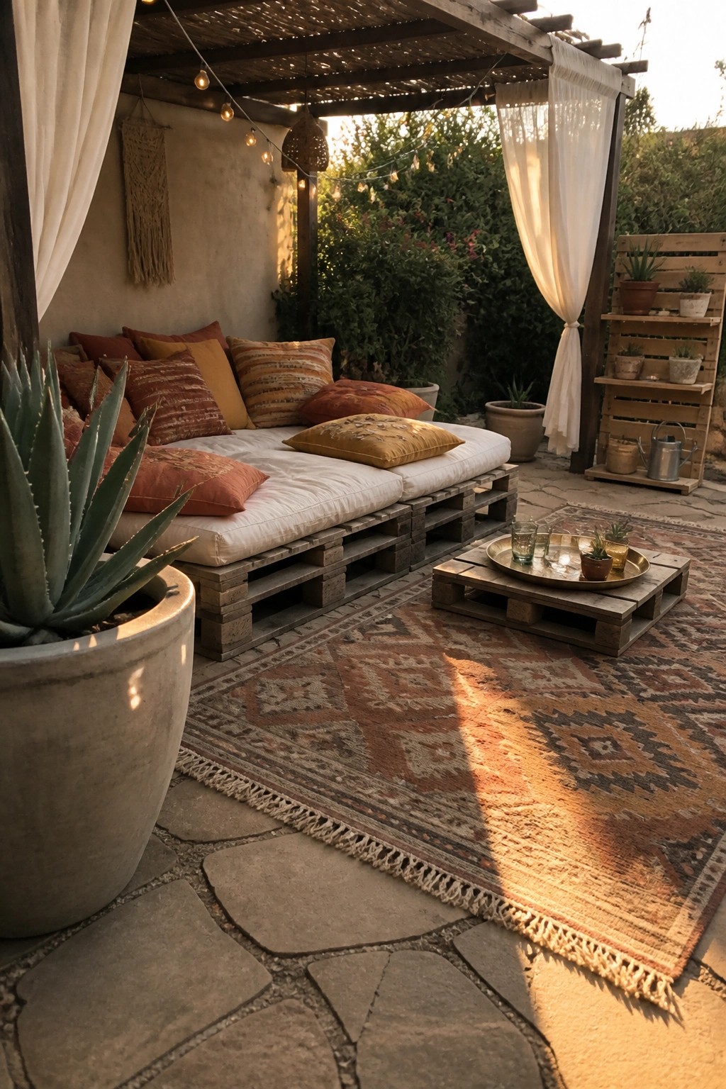 A patio features a daybed made from stacked wooden pallets with white cushions and pillows, a small pallet table on a patterned rug, and a pergola with string lights and curtains.