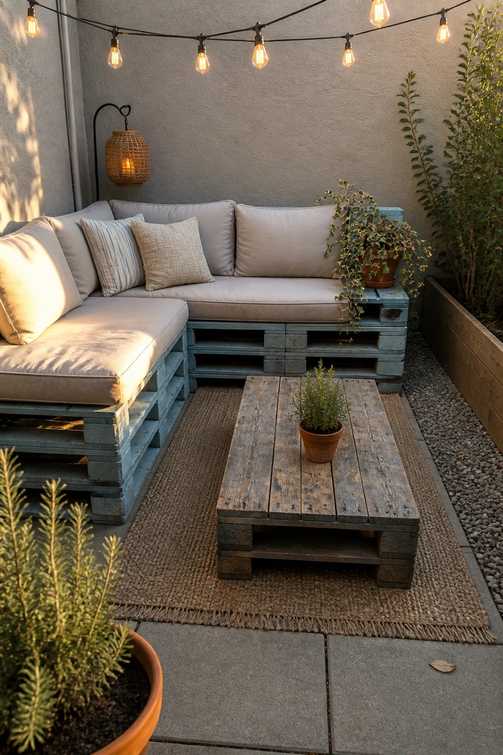 A small patio corner with a blue painted pallet sectional sofa, beige cushions, a wooden pallet coffee table, and string lights overhead.