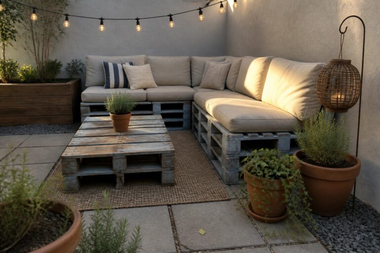 24 Brilliant Outdoor Pallet Projects for Small Patios A small patio corner with a blue painted pallet sectional sofa, beige cushions, a wooden pallet coffee table, and string lights overhead.