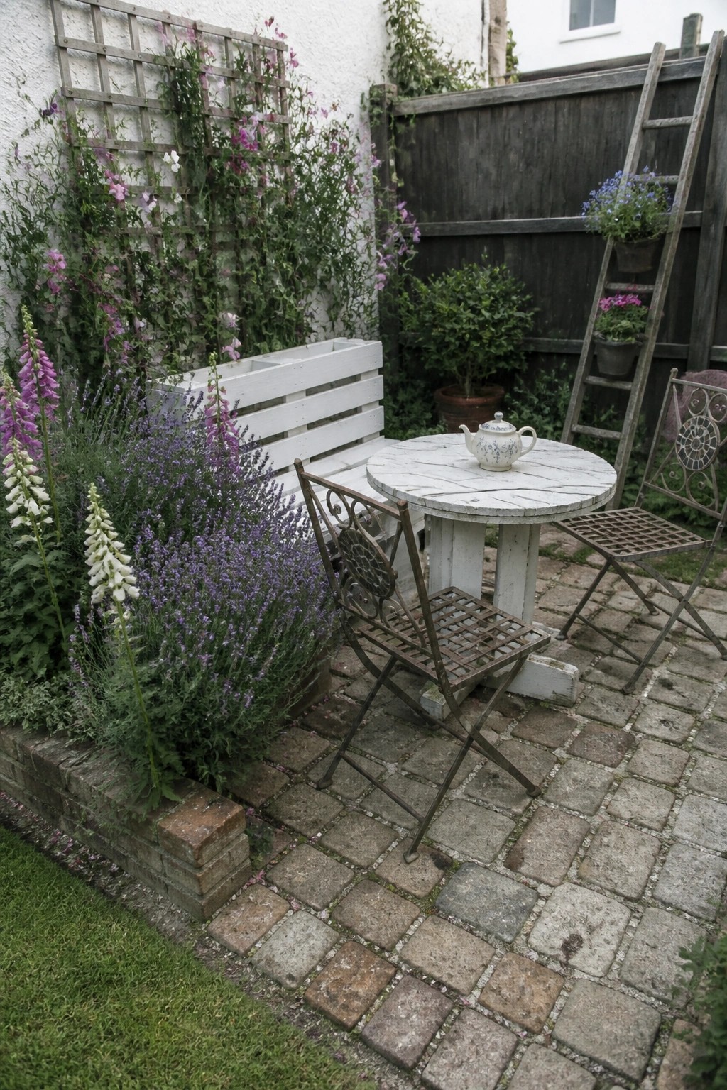 A small paved patio features a white painted wooden pallet used as a bench beside a round table with a teapot and metal chairs, with purple and white flowers growing in front of it.