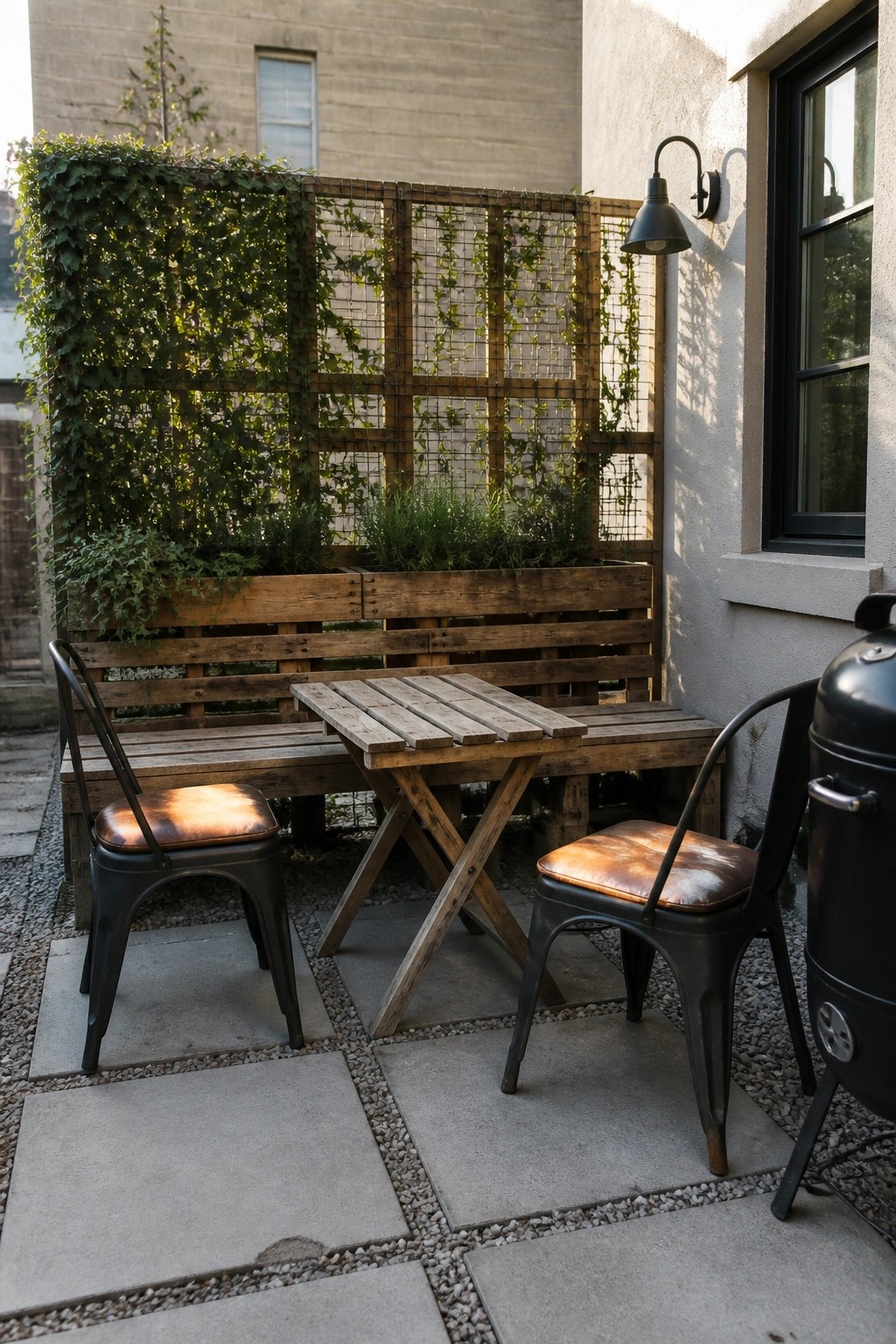 Rustic patio with wooden pallet bench, table, black chairs, ivy trellis, and grill