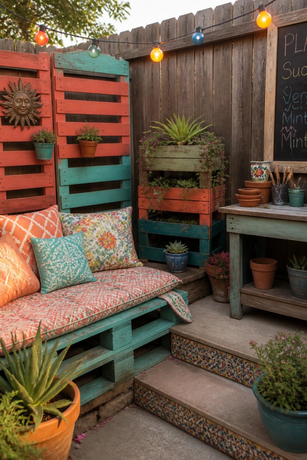 A small patio corner featuring a teal-painted wooden pallet bench with colorful cushions, potted plants, and string lights along a wooden fence.