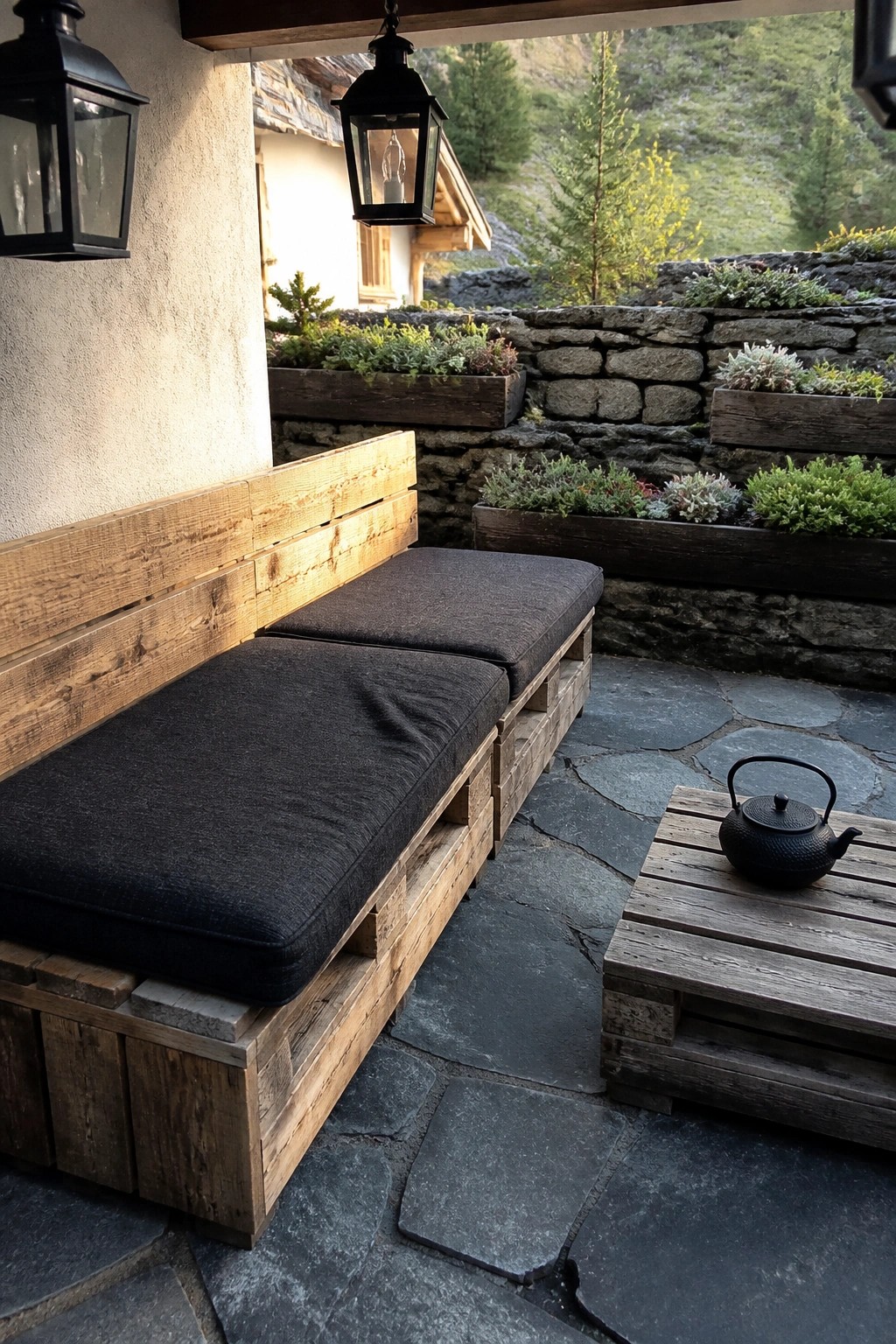 A wooden pallet bench with dark gray cushions sits on a stone patio beside a matching pallet table with a black teapot, next to a low stone wall with wooden planters.