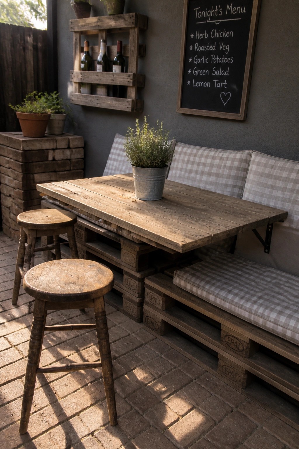 A rustic wooden pallet table with attached benches and two stools on a brick patio, next to a chalkboard menu.