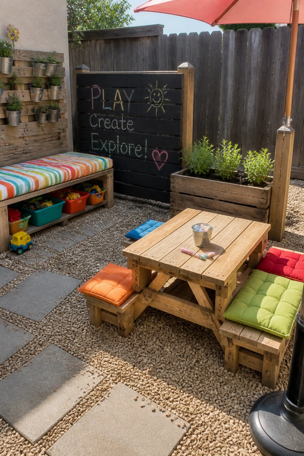 A wooden pallet picnic table with attached benches and colorful cushions sits on a gravel and paver patio beside a chalkboard wall and raised planter.