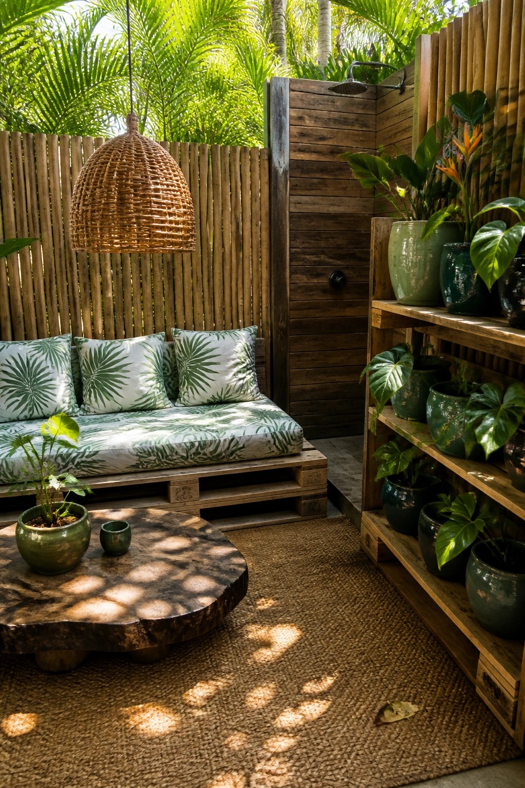 An outdoor patio seating area made from wooden pallets with green leaf-patterned cushions, a round wood table, plant-filled shelves, and a bamboo fence in the background.