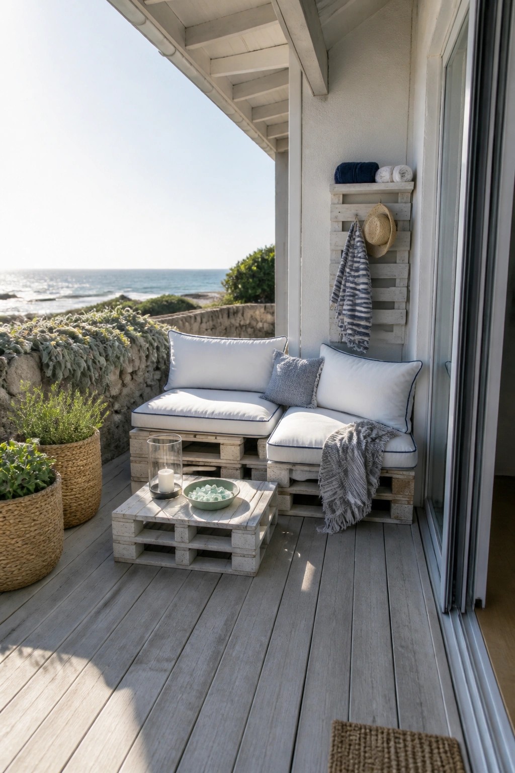 Wooden pallet sofa with white cushions and a small pallet table on a gray deck next to the ocean.