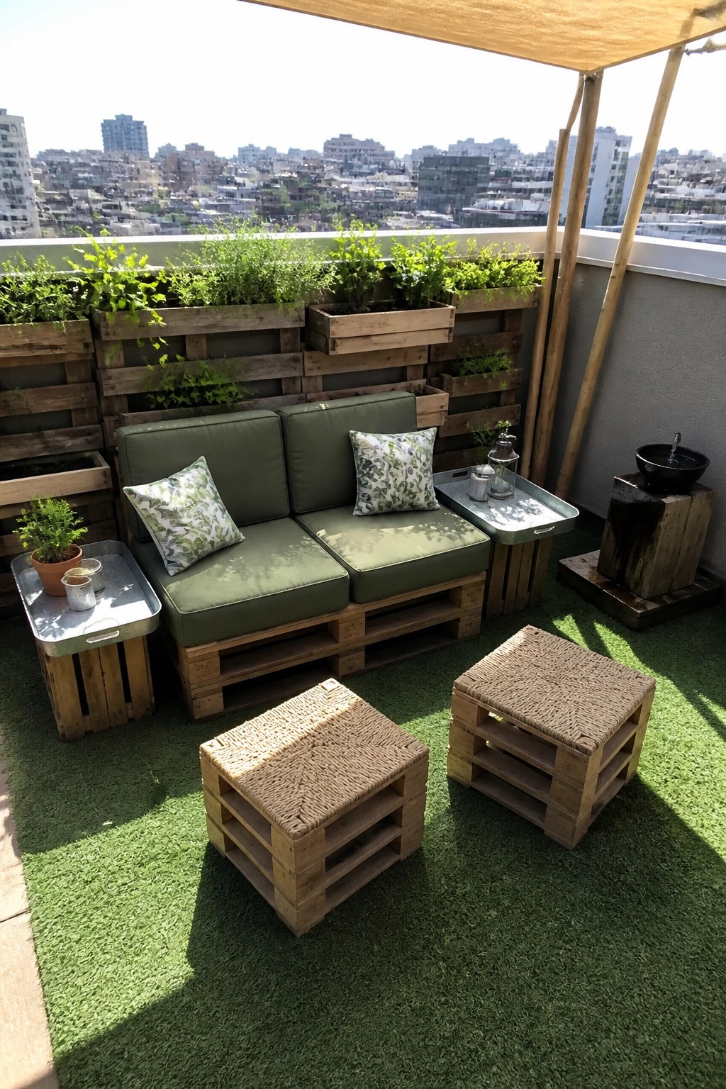A rooftop patio featuring a green-cushioned pallet sofa with two woven pallet ottomans, metal trays, and wooden planters set against a city skyline.