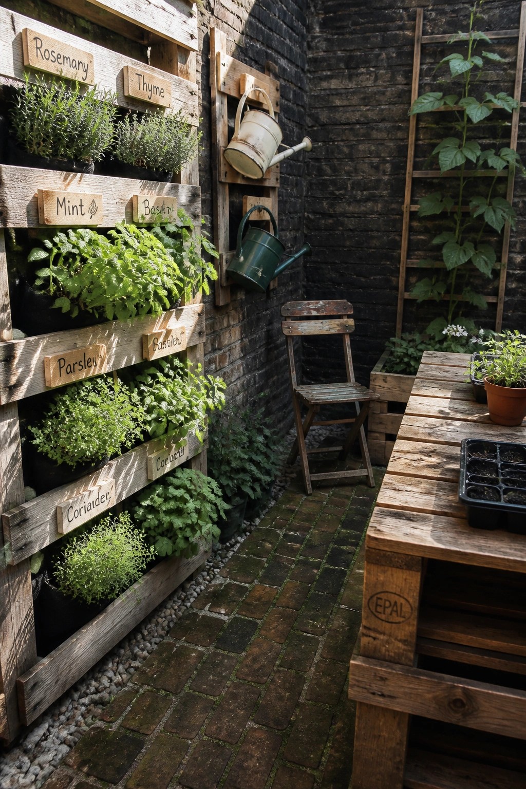 Rustic pallet herb garden on brick wall with wooden table, chair and watering cans