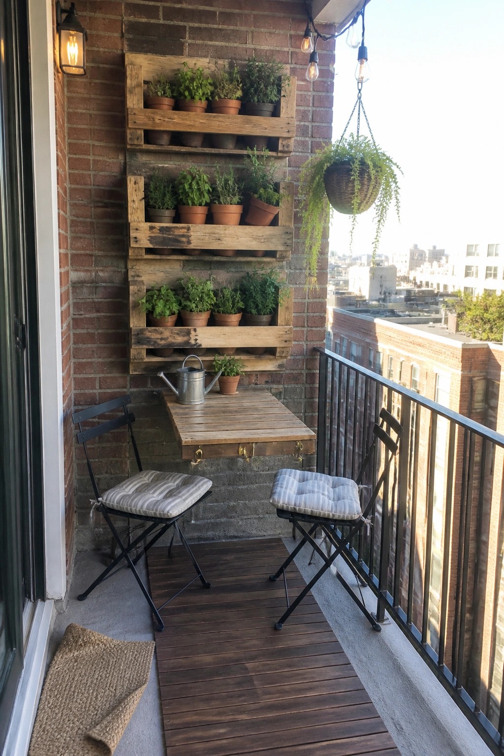 A small balcony with multiple wooden pallet shelves mounted on a brick wall holding potted plants, a fold-down wooden table, two folding chairs, and a hanging basket.
