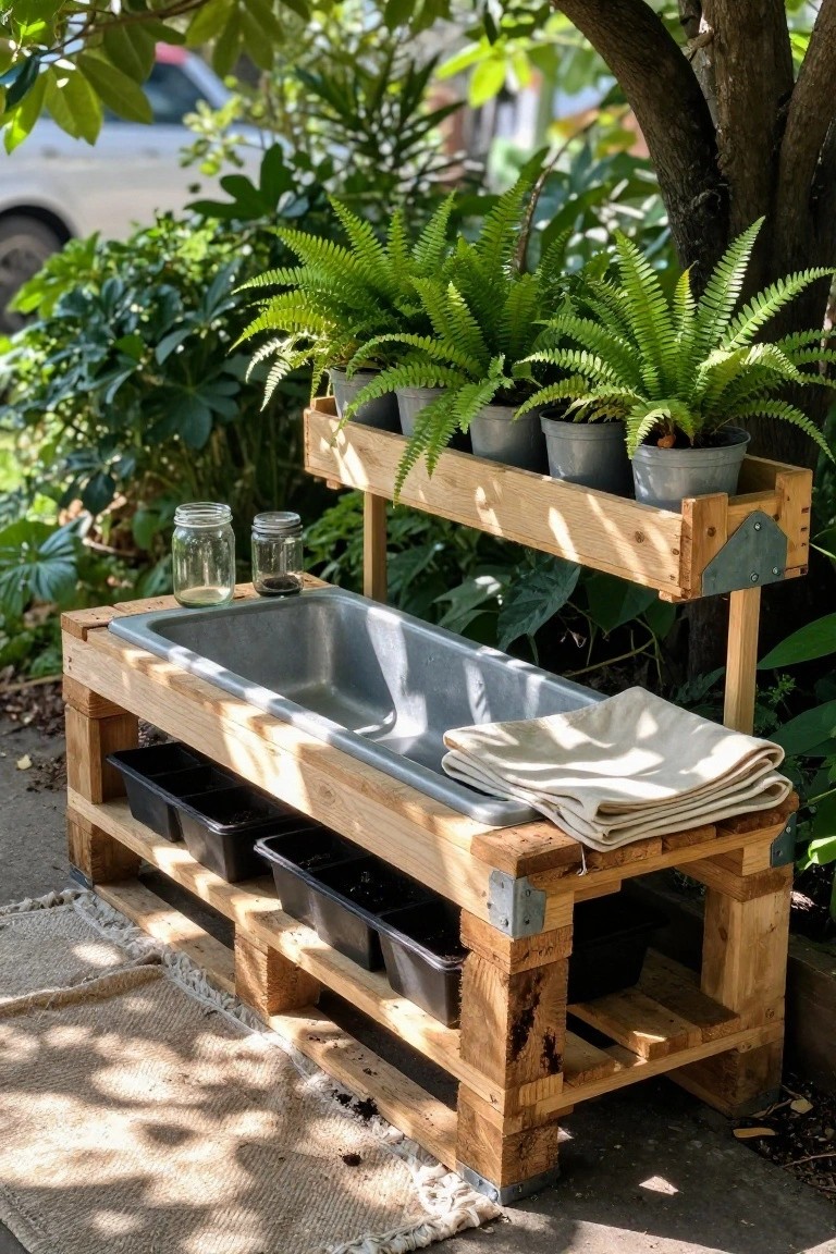 Outdoor pallet structure with a metal sink, upper shelf holding potted ferns, lower shelf with black seed trays, and folded cloth on the bench edge.