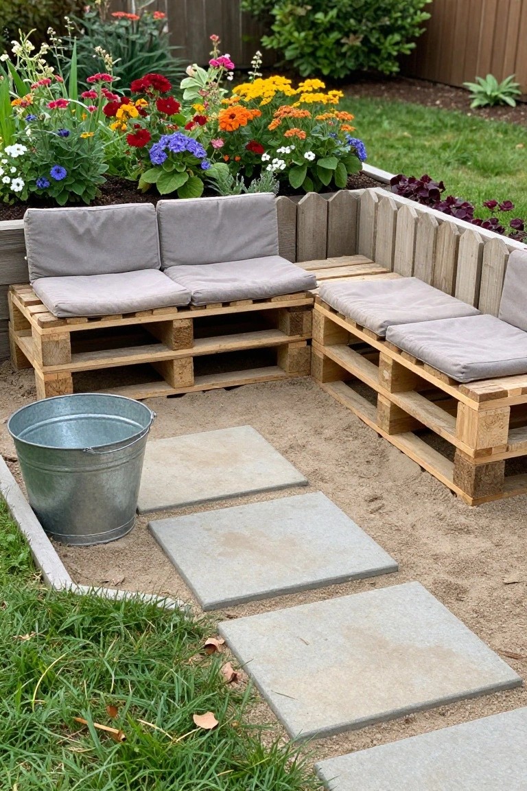 Wooden pallet benches with gray cushions form an L-shaped seating area beside a garden bed and stone pavers.