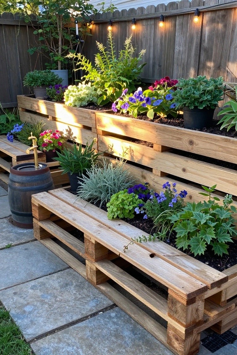 Wooden pallets stacked into raised garden beds filled with flowers and plants, placed on a stone patio beside a wooden fence.