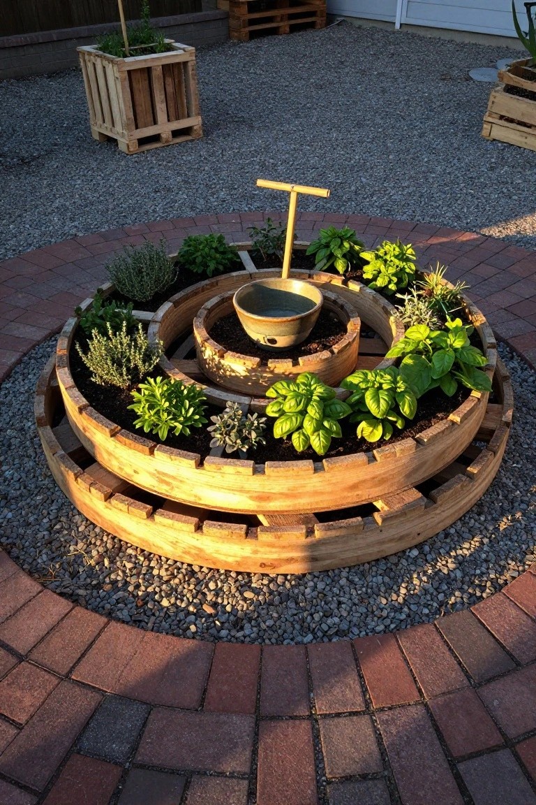 A circular raised garden bed made from stacked wooden pallets, filled with herbs and small plants, with a metal bowl in the center and brick edging around the gravel base.