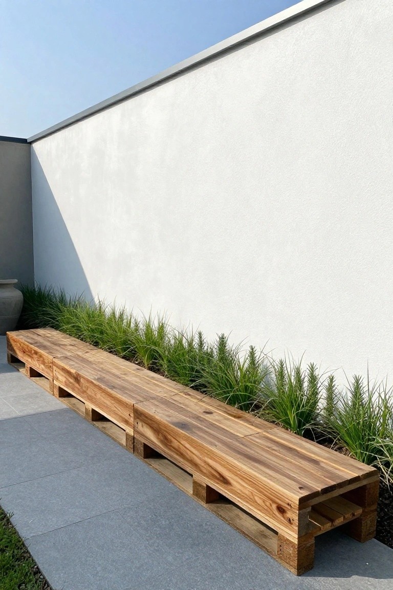 A long bench made from wooden pallets runs along a white wall with tall green grasses planted directly behind it.