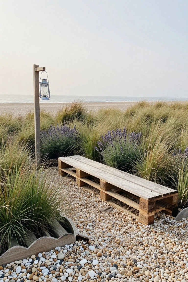 A wooden pallet bench rests on pebbles amid tall grasses and lavender plants, next to a post with a lantern and a view of the beach.