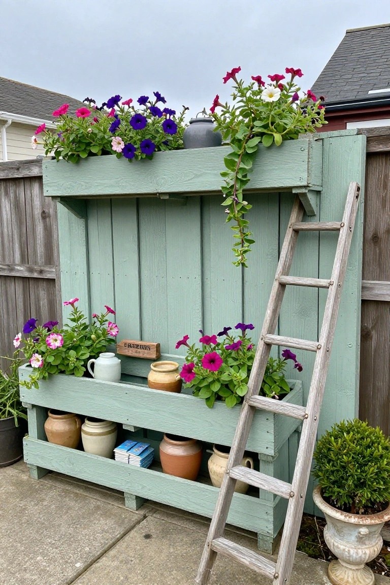 A light green painted pallet structure forms two tiers of planters filled with colorful flowers against a wooden fence, with a wooden ladder leaning on the right.