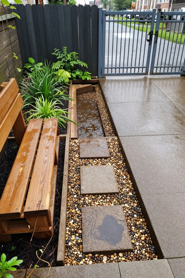 A narrow garden channel edged with salvaged wood, filled with pebbles and shallow water, crossed by three stone pavers, next to a wooden bench and a concrete path.