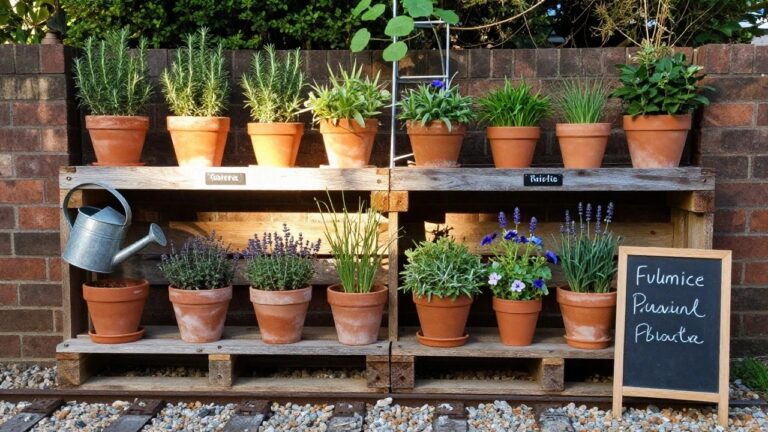 21 Budget Pallet Garden Ideas Made From Salvaged Wood Wooden pallets stacked into multi-level shelves holding terracotta pots of herbs beside a brick wall.