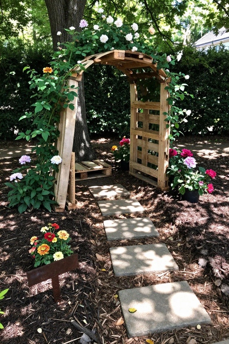 A wooden pallet arch covered with white roses spans a path of concrete stepping stones in a mulched garden area.