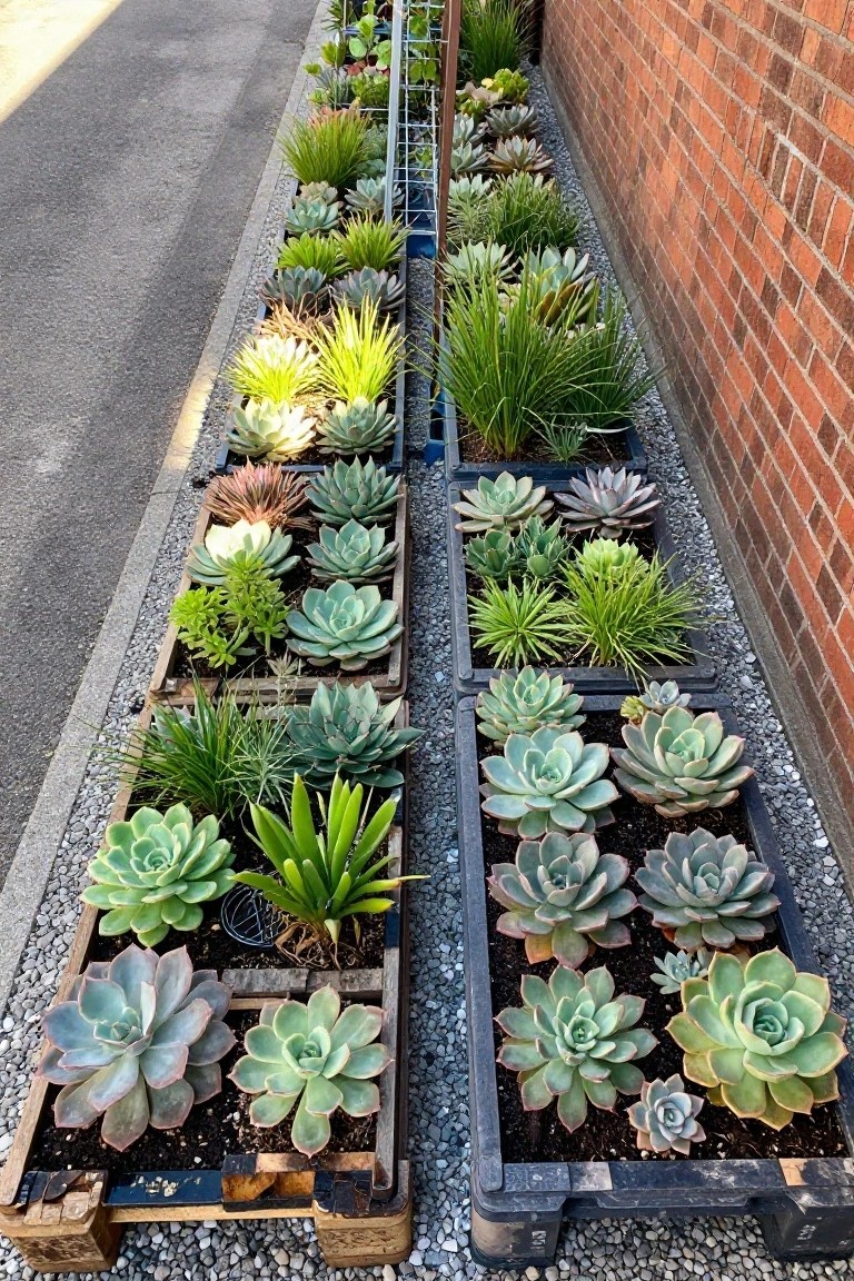 Rows of wooden pallets and black containers filled with succulents and grasses lined up on gravel between a paved path and brick wall.