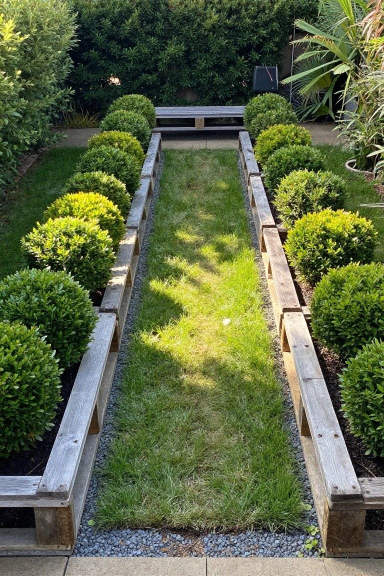 A narrow strip of grass runs between two long borders made from salvaged wooden pallets, with rounded shrubs planted along the outside edges and gravel lining the base of the wood.