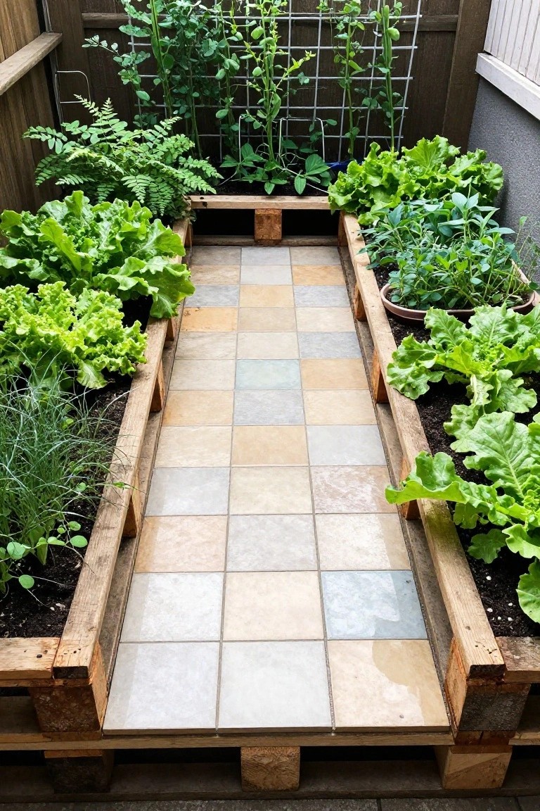 Lush leafy greens fill wooden raised beds along a tiled garden path.