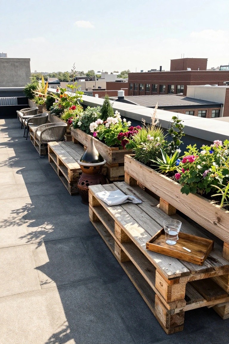 Rooftop terrace with wooden pallet benches and raised planters filled with colorful flowers and greenery.
